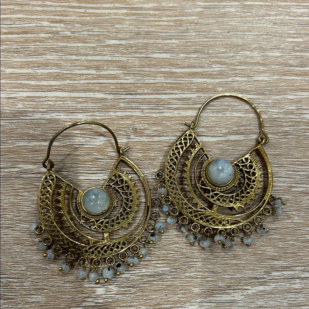 Boho Gal Jewelry Brass Ornate Earrings with White/Gray Stone Accents